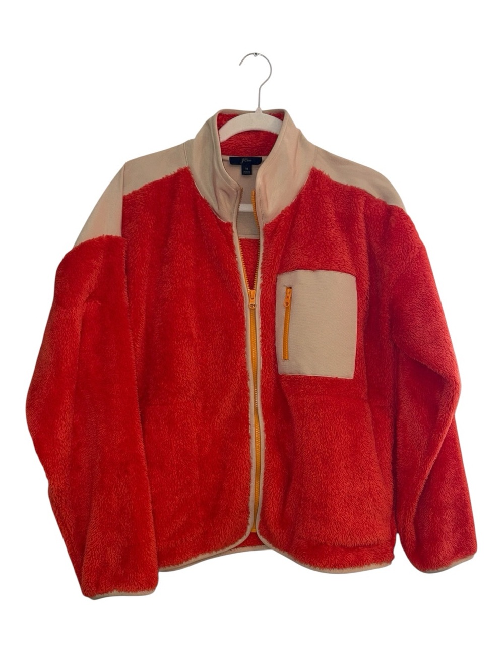 J. Crew Orange Teddy Jacket with Cream Chest Pocket